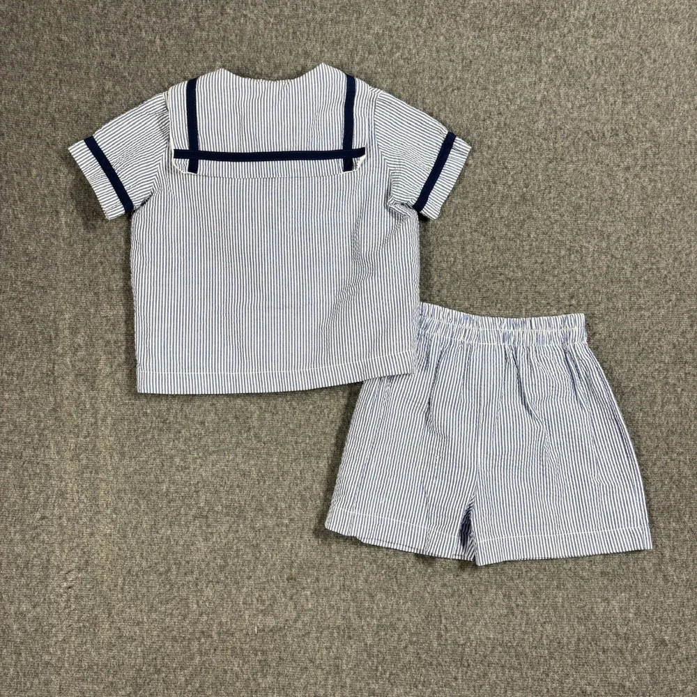 Funtasia Too Boys Sailor Seersucker Set Blue Stripe Anchor Buttons 4T 58200